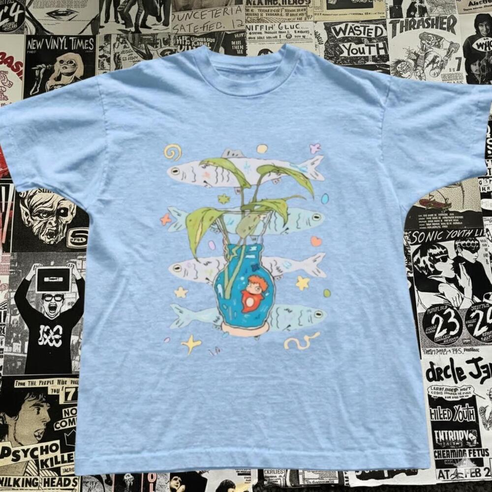 Ponyo Studio Ghibli Fish Vase Graphic Vintage Retro Light Blue T-Shirt